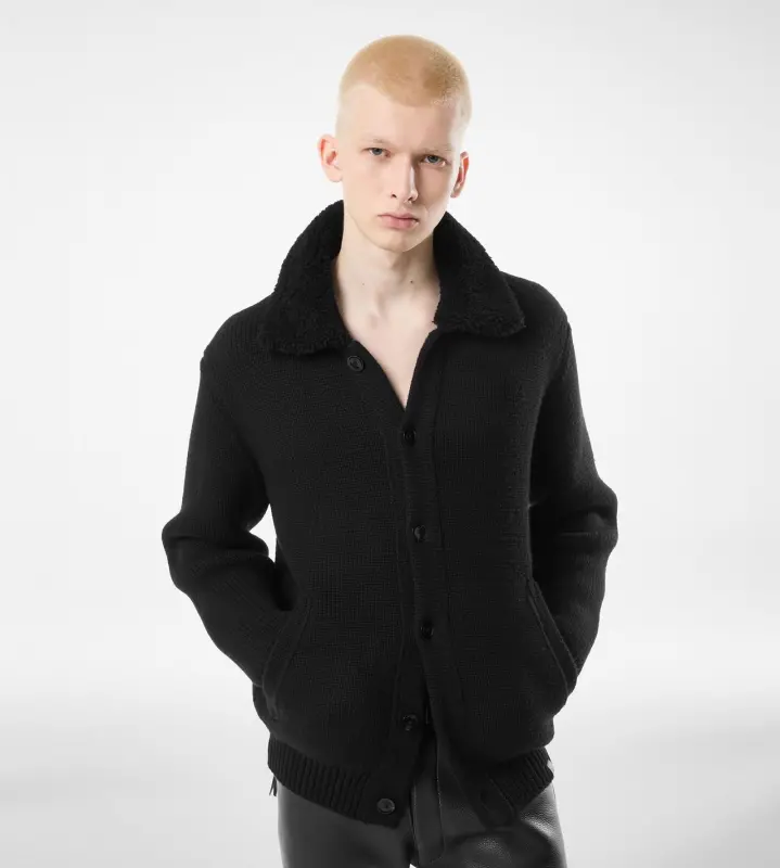 SHEARLING COLLAR CASHMERE CARDIGAN BLACK online